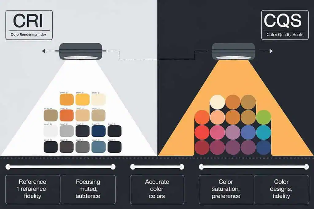 Schéma illustrant le calcul du CRI (Indice de Rendu des Couleurs) montrant la comparaison entre une source lumineuse de référence et une source LED afin d'évaluer la fidélité du rendu des couleurs en photographie et vidéographie.